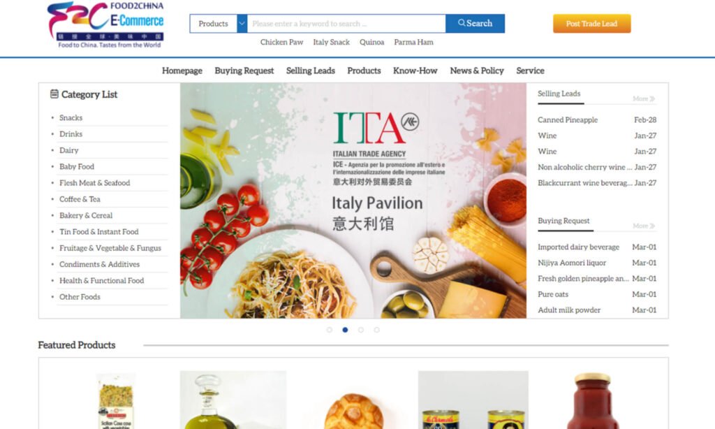 Vendere prodotti alimentari in Cina con Food2China export made in Italy